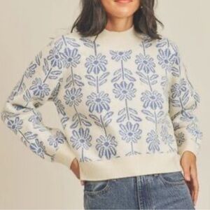 Floral Patterned Cream and Blue Sweater